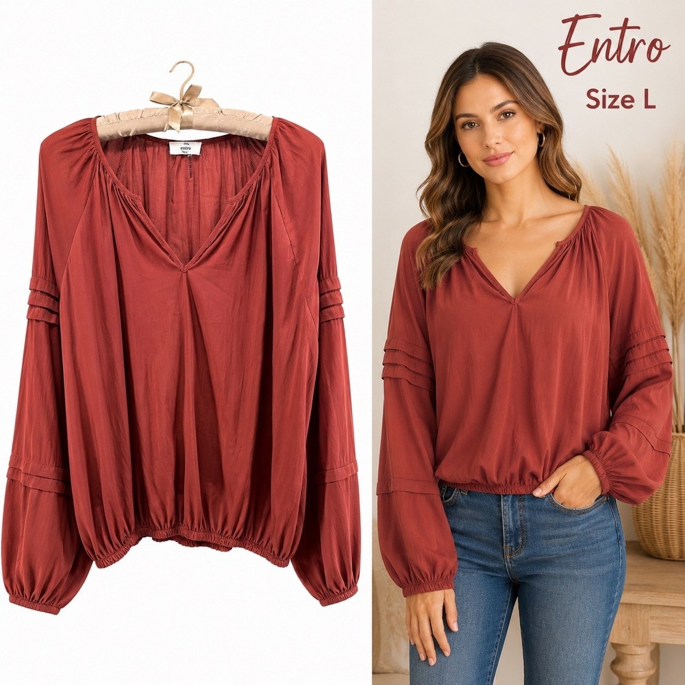Entro Women's Size L Rust Boho Blouse V Neck Balloon Sleeve Peasant Top Flowy